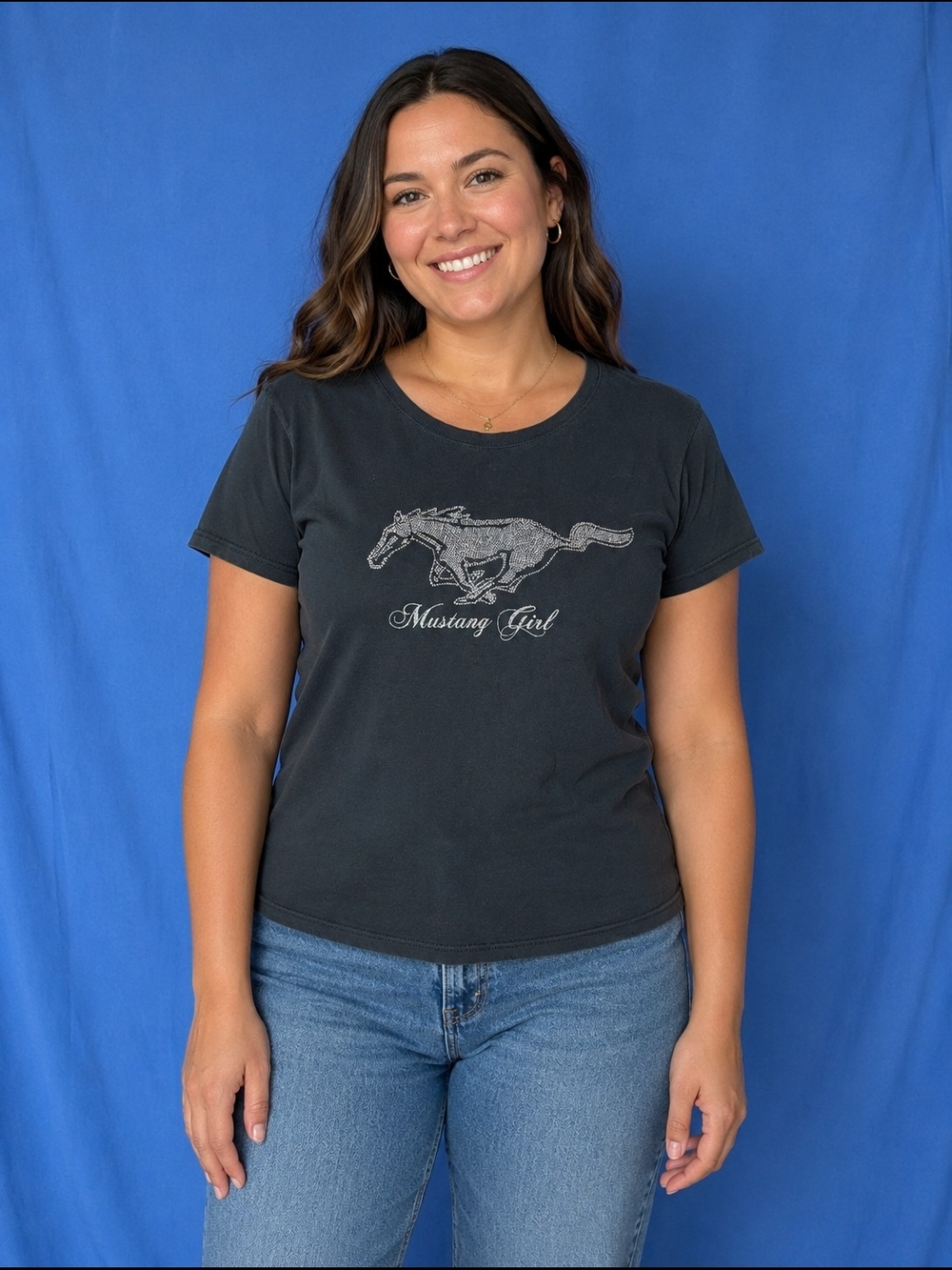 Mustang Girl XL Black Women's Tee with Silver Mustang Graphic Rhinestones